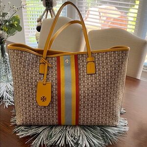 Tory Burch Patterned Tote with Red and Blue Stripes